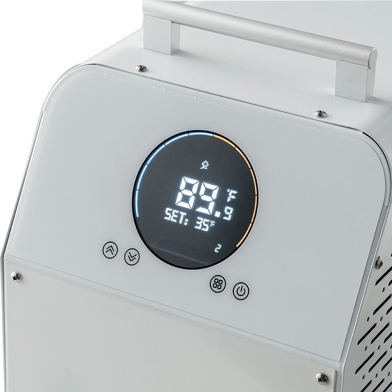 White industrial water chiller unit with digital display on a white background