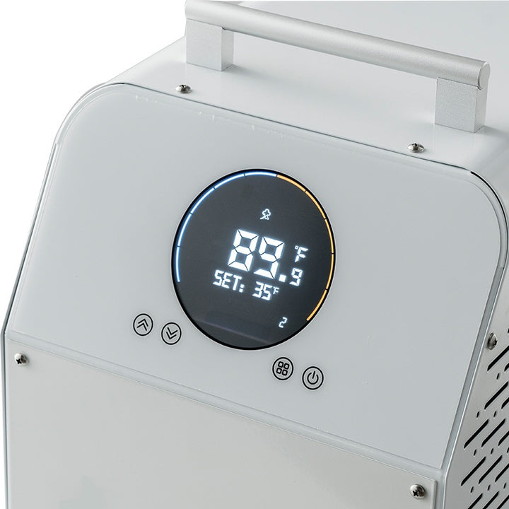 White industrial water chiller unit with digital display on a white background