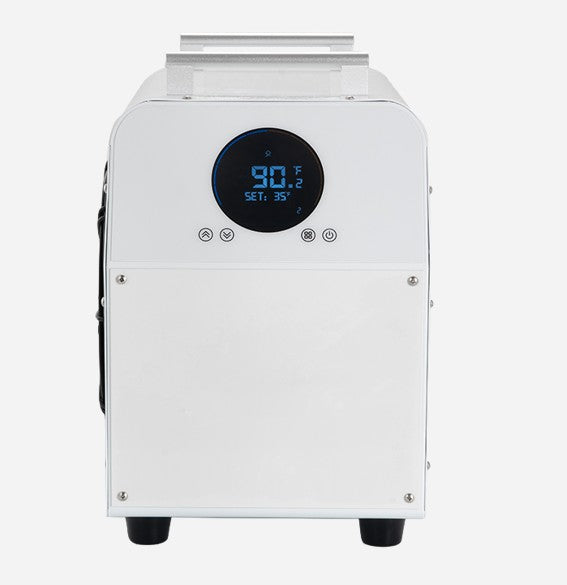 White industrial water chiller unit with digital display on a white background
