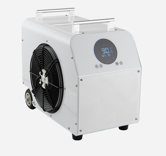 White industrial water chiller unit with digital display on a white background