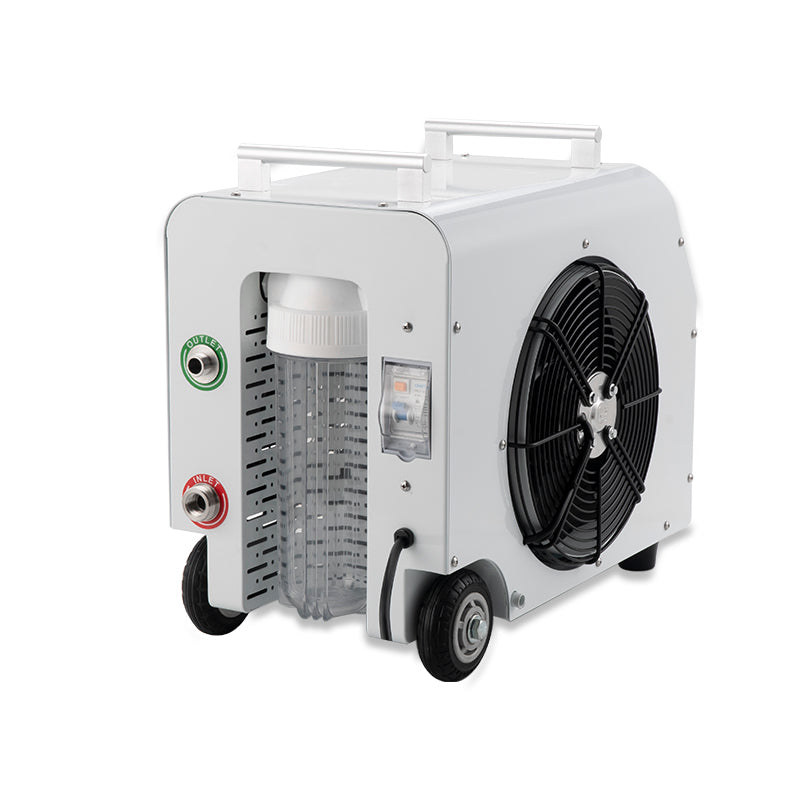 White industrial water chiller unit with digital display on a white background