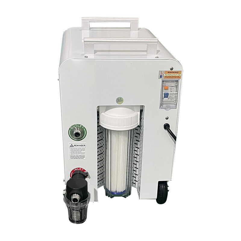 White industrial water chiller unit with digital display on a white background