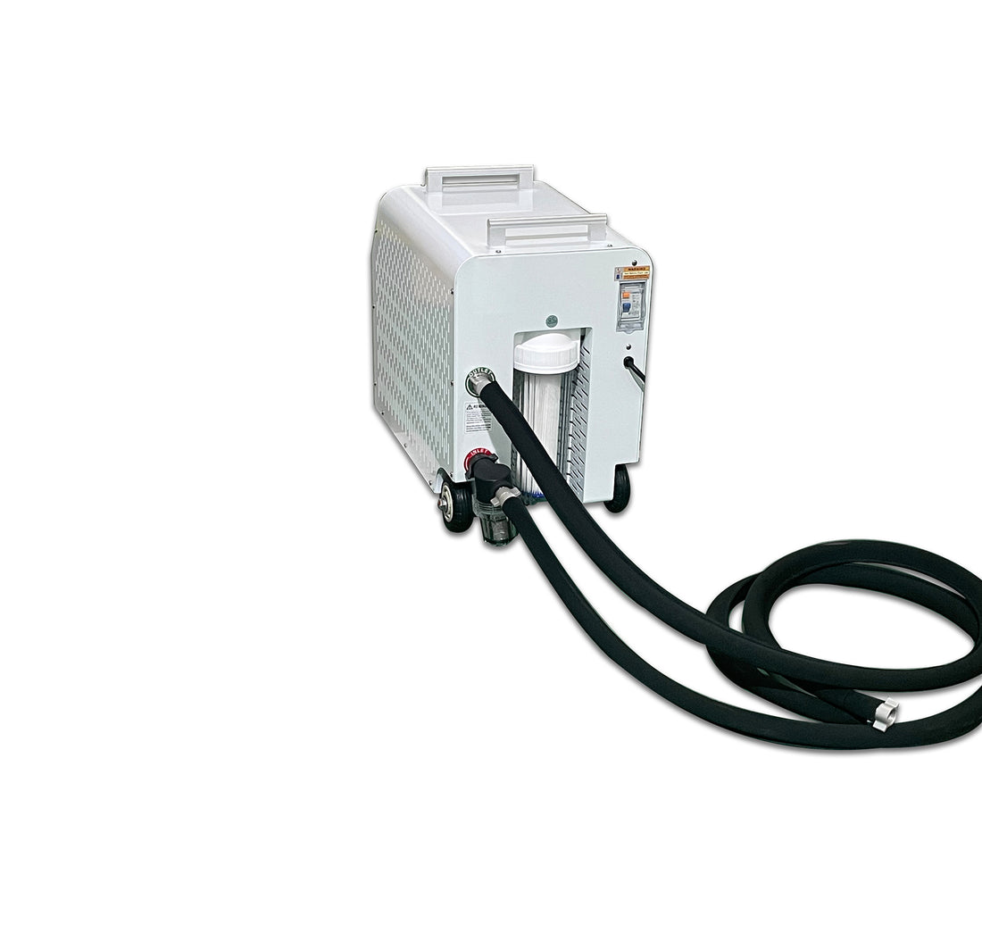 White industrial water chiller unit with digital display on a white background