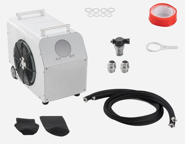 White industrial water chiller unit with digital display and accessories on a white background