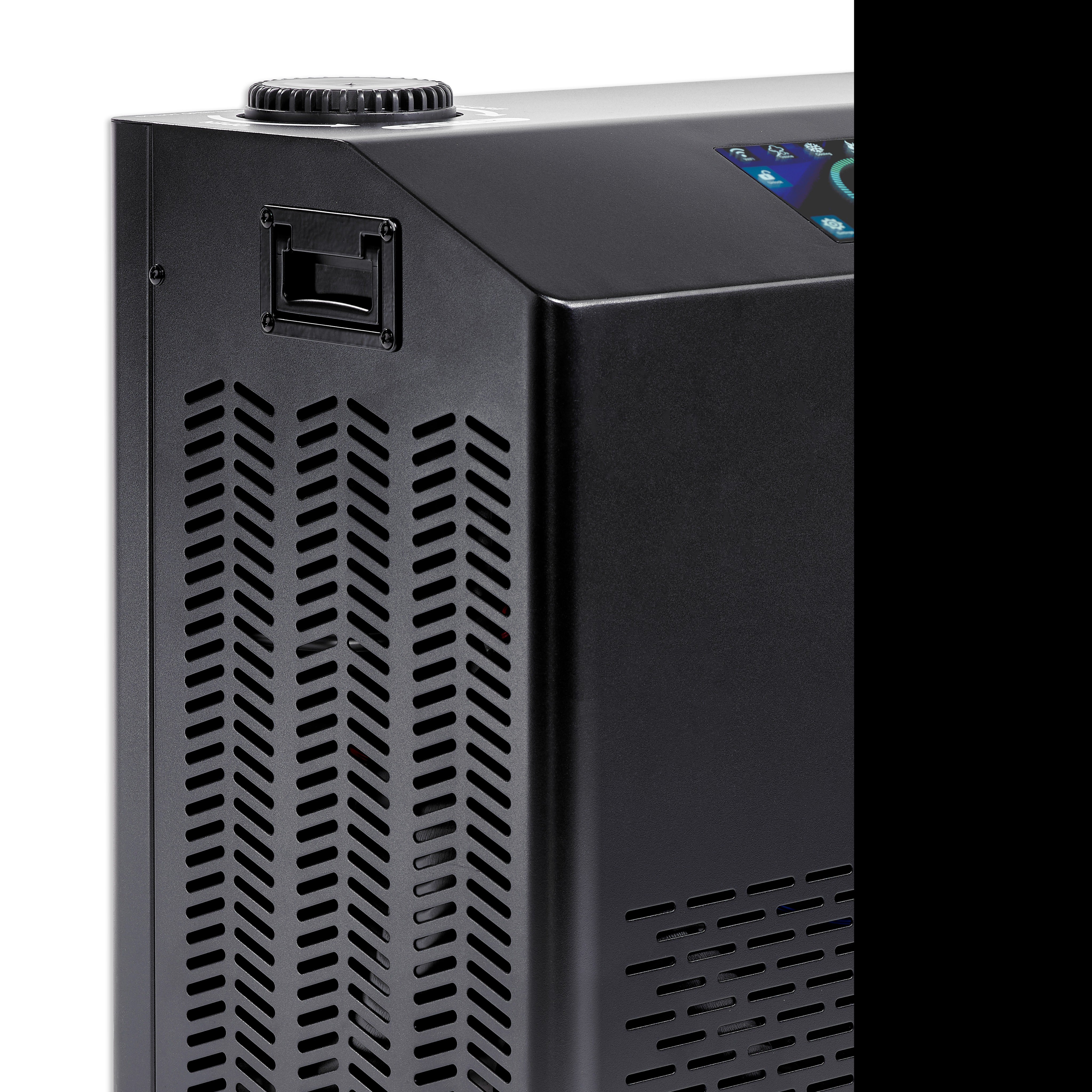 Black industrial water chiller unit with digital display on a white background