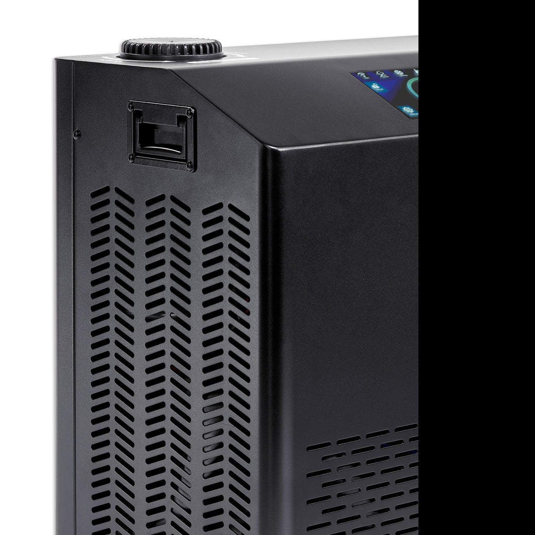 Black industrial water chiller unit with digital display on a white background