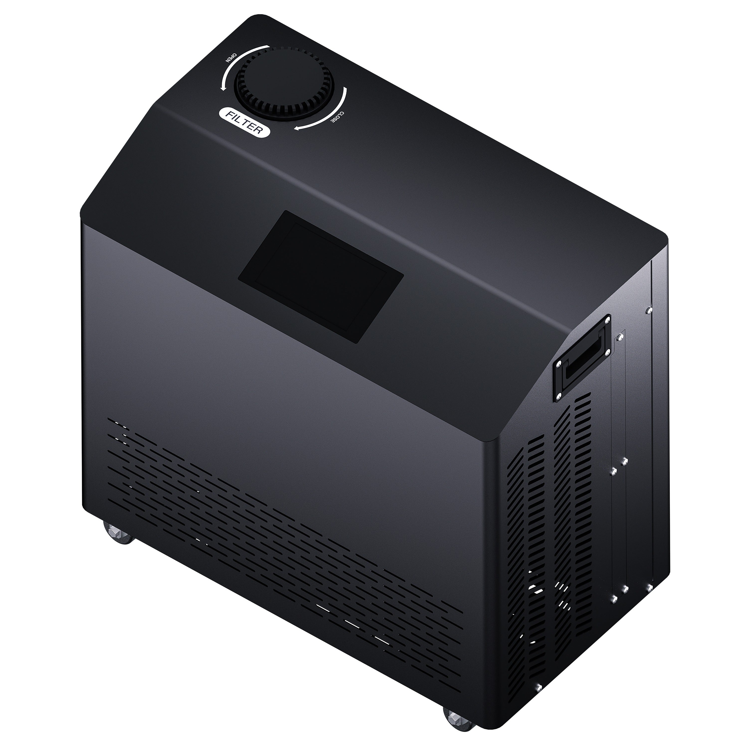 Black industrial water chiller unit with digital display on a white background