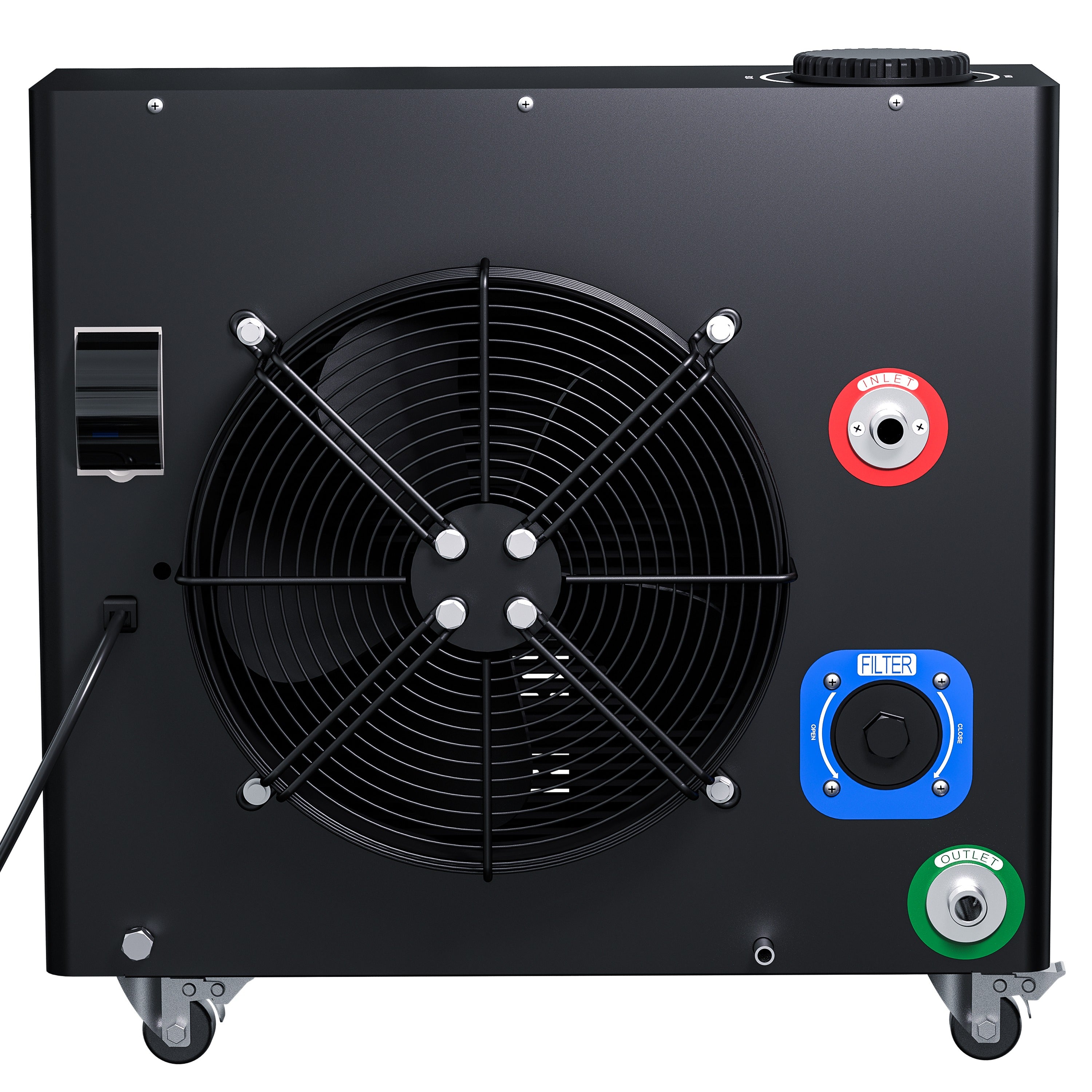 Black industrial water chiller unit with digital display on a white background