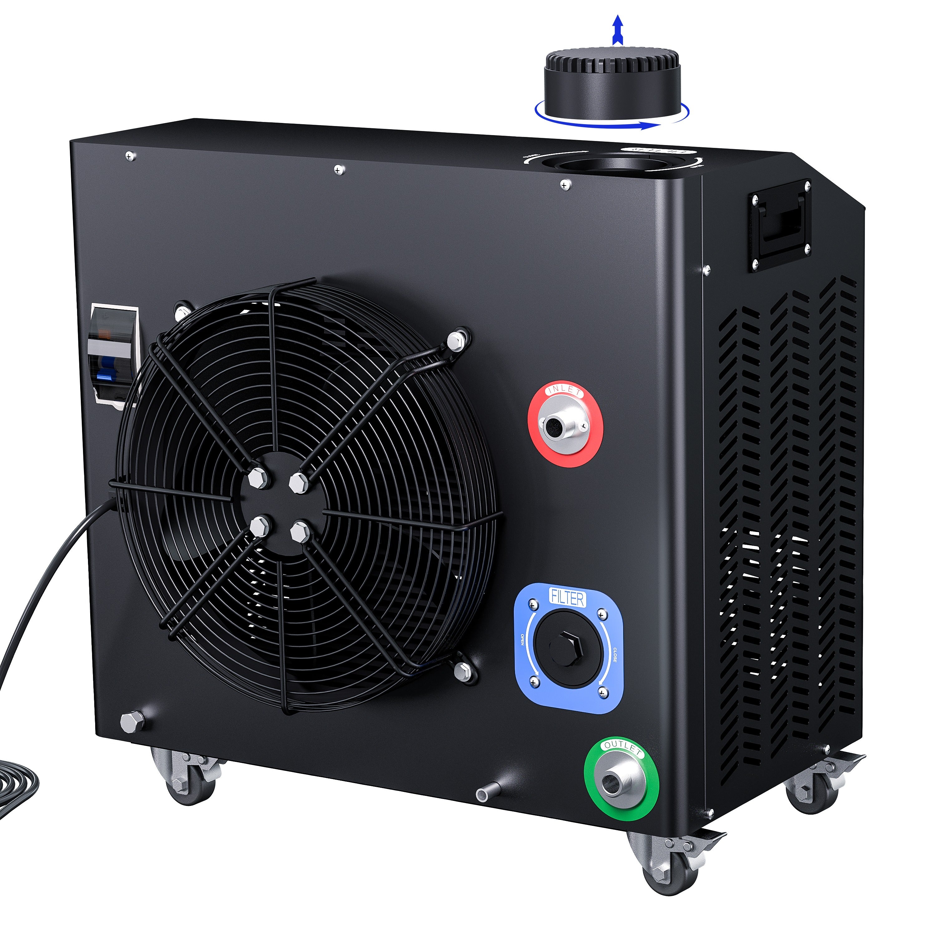 Black industrial water chiller unit with digital display on a white background